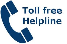 A blue and white logo of toll free helpline